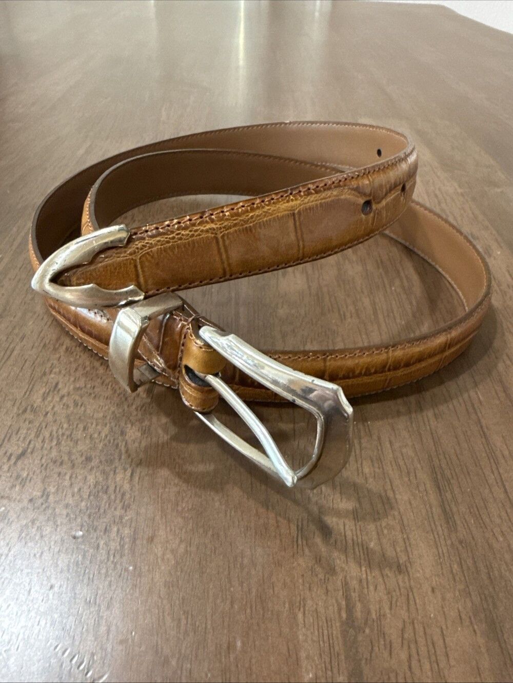 Perry Ellis Men's Full Grain Leather Croc Embossed Dress Belt Brown Tan 38